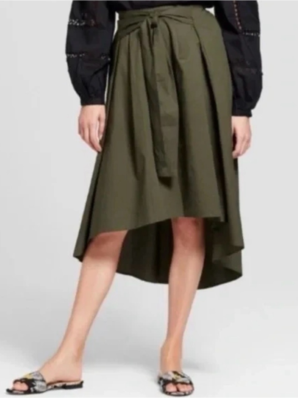 WHO WHAT WEAR HIGH LOW MIDI SKIRT LINED NEW TAGS SIZE 12 OLIVE GREEN TIE FRONT